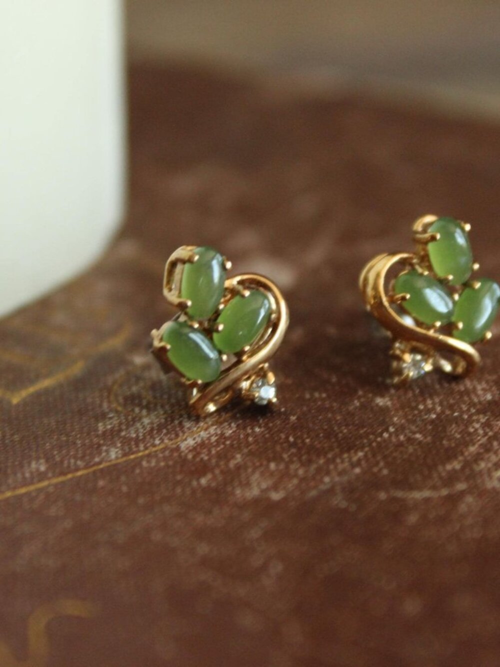 Vintage 1980s Earrings, Genuine Nephrite Jade, Gold Tone, Rhinestones, British C
